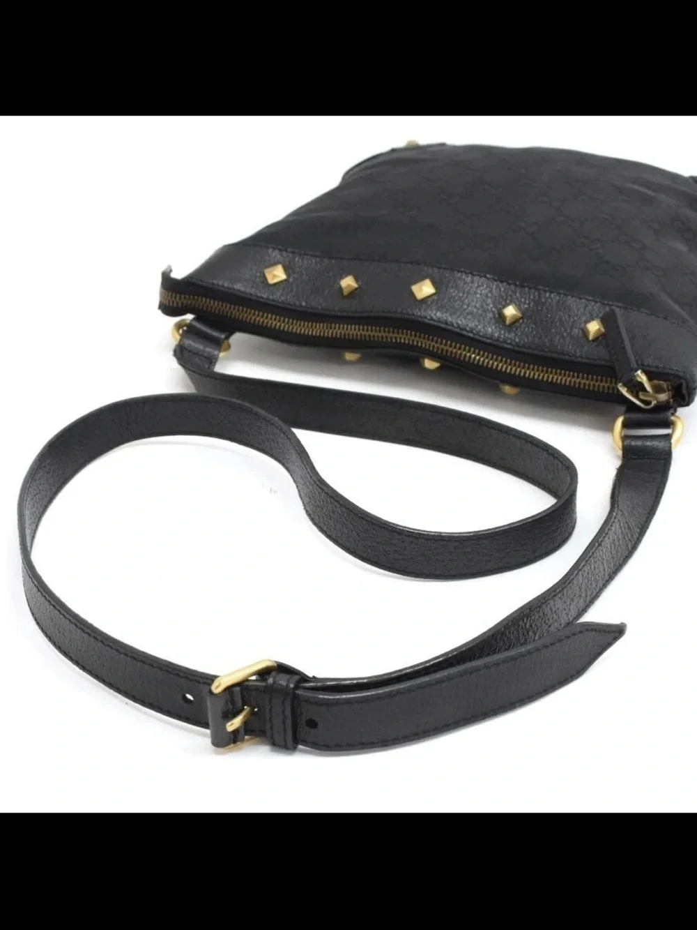 Gucci Black GG Canvas Messenger Bag with Gold Stud Accents